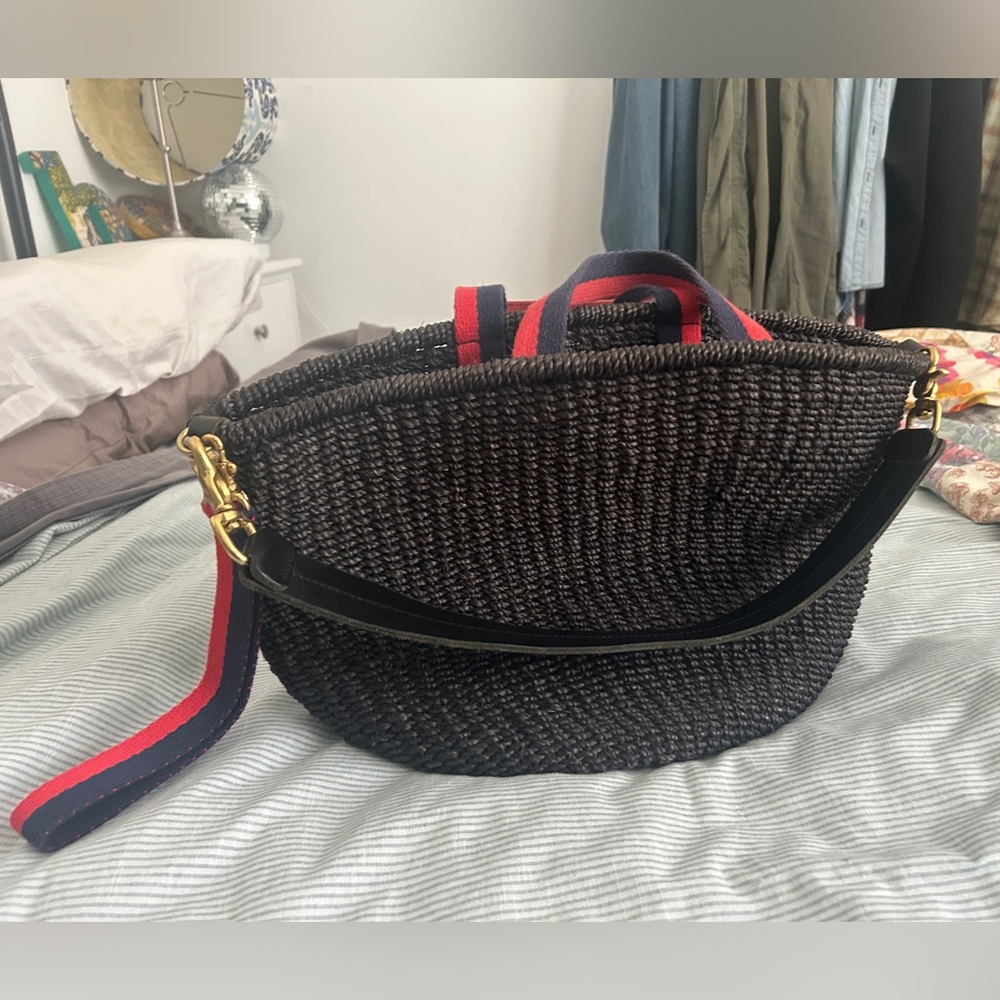 Clare V Black Straw Tote with Red & Blue Striped Handles